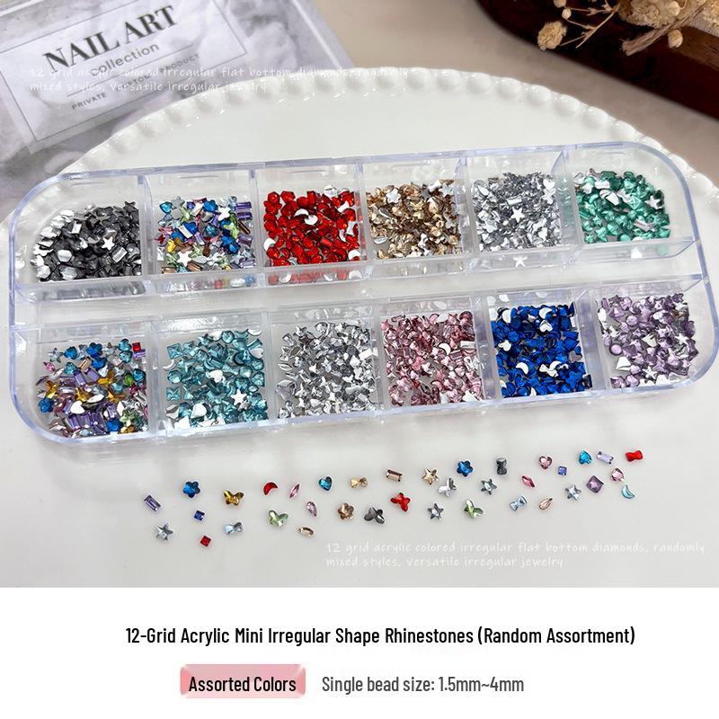 12-Grid Mixed Mini Rhinestones for Nail Art - Champagne Resin Flat Back Decorations