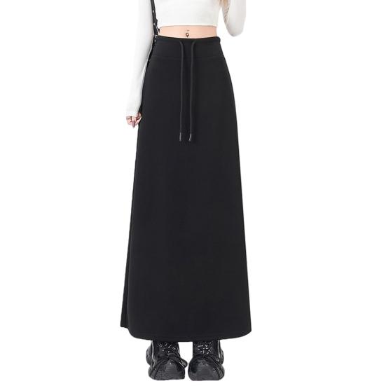 Women Sport Skirt High Waisted Adjustable Drawstring Long Skirt with Hem Slit Pure Color Slimming Design Casual Athletic Skirt