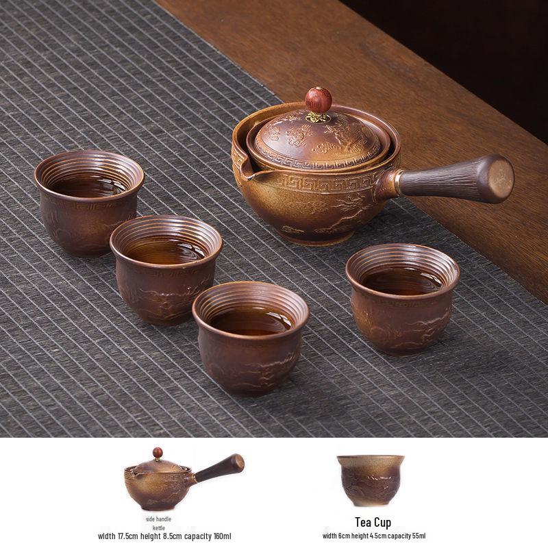Compact Travel Tea Set with Automatic Rotating Teapot and Side Handle Kung Fu Cups
