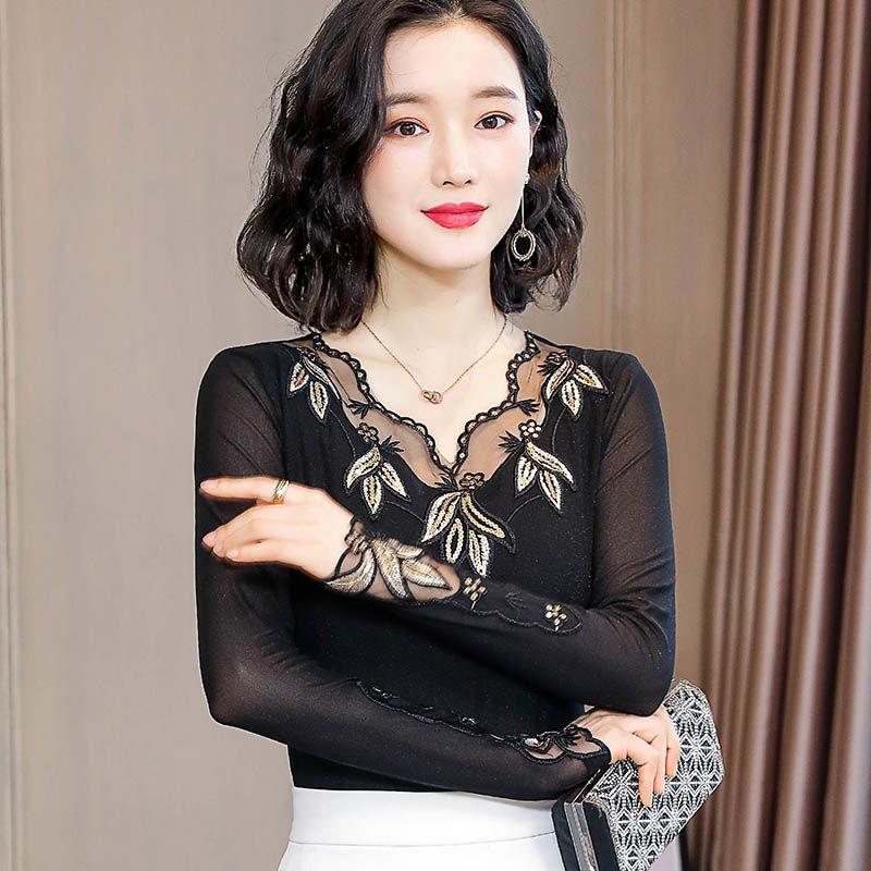 Elegant Lace Long Sleeve Top Women Spring Autumn Slim Fit Sheer Mesh Blouse Fashion Inner Wear