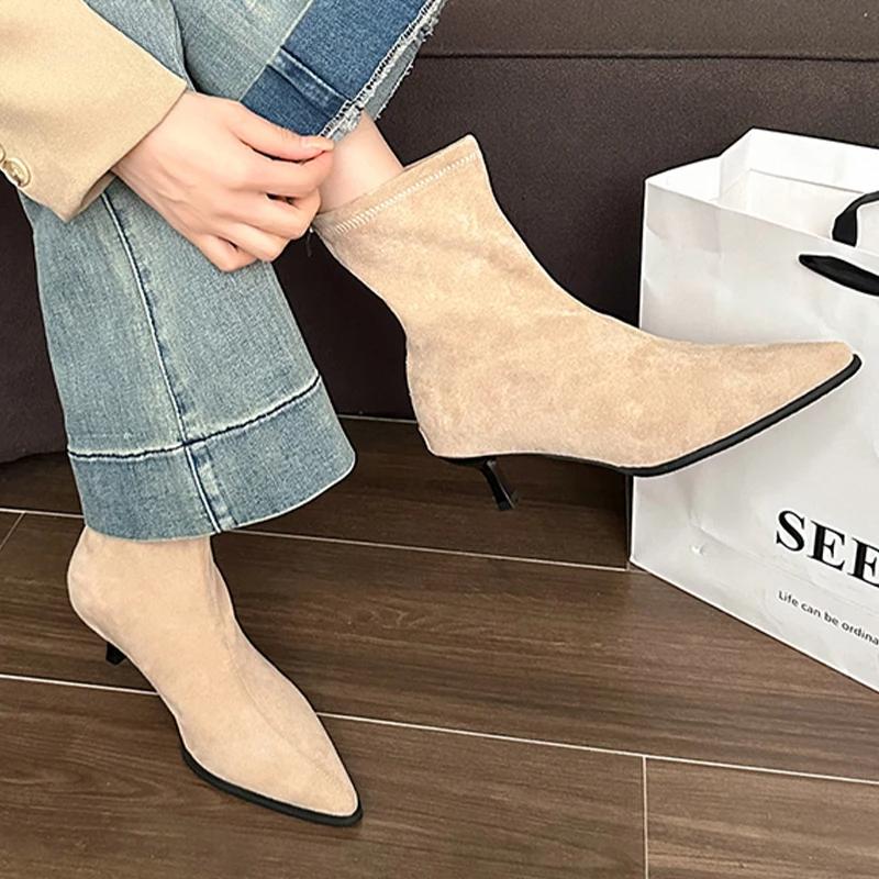 Cizme de gleznă cu toc înalt pentru femei, cu vârf ascuțit, Chelsea din piele întoarsă, pantofi de zăpadă, pluș, călduroase de iarnă, femeie 2024, trend, stiletto, sexy, botas mujer
