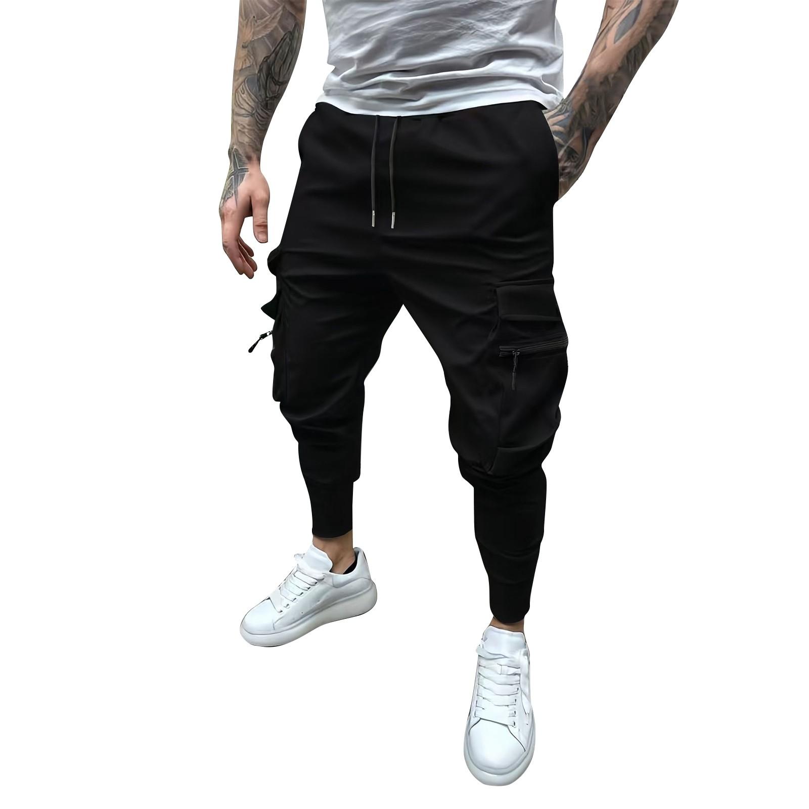 

Мужской однотонный комбинезон на молнии с несколькими карманами и шнурком, мужские повседневные брюки с шнурком M чёрный