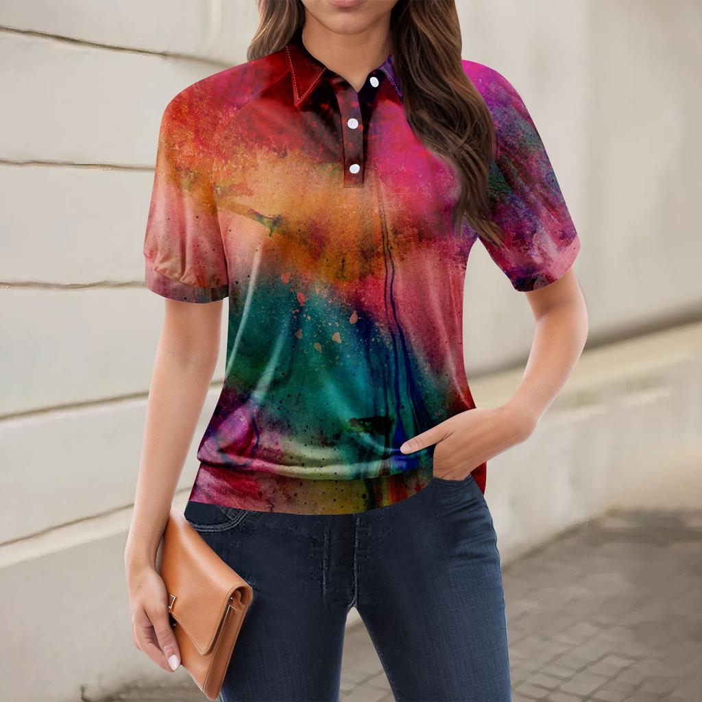 Women's Casual Floral Print V-Neck Short Sleeve Decorative Button T-Shirt Top
