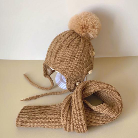 2 Pcs Kids Winter Hat Scarf Set Soft Cable Knitted Pom-Pom Hat Warm Scarf Set for Boys Girls Toddlers