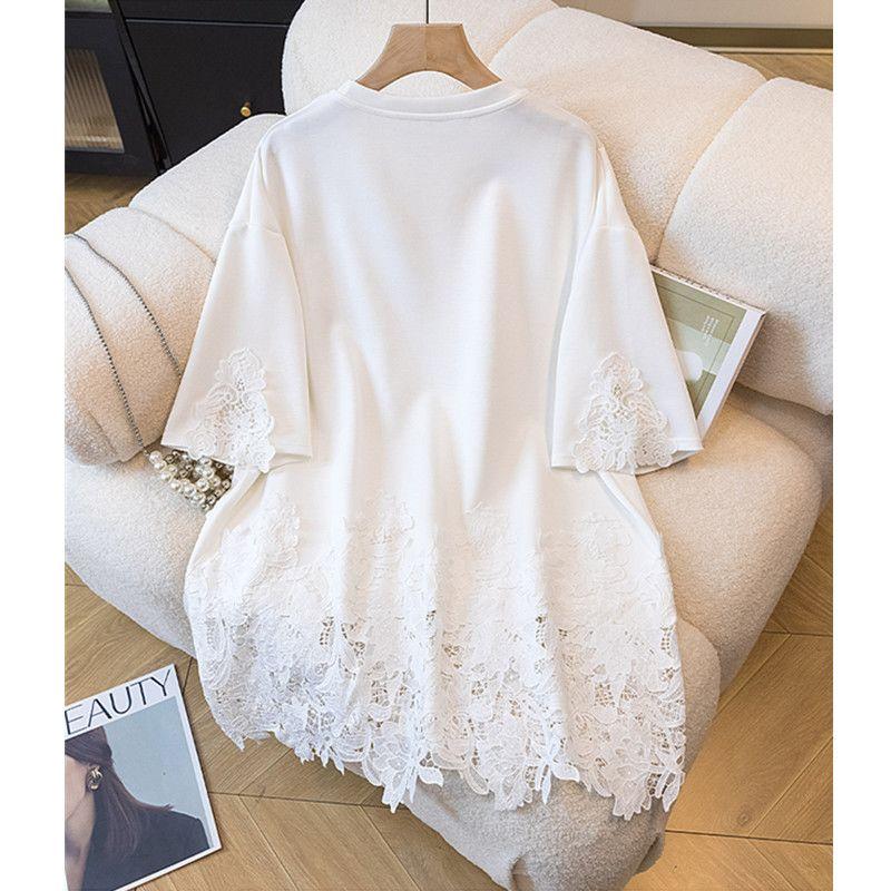 Fashionable Lace Spliced Round Neck Short-sleeved T-shirt for Women In Summer Loose Versatile Top Casual Versatile Pullover