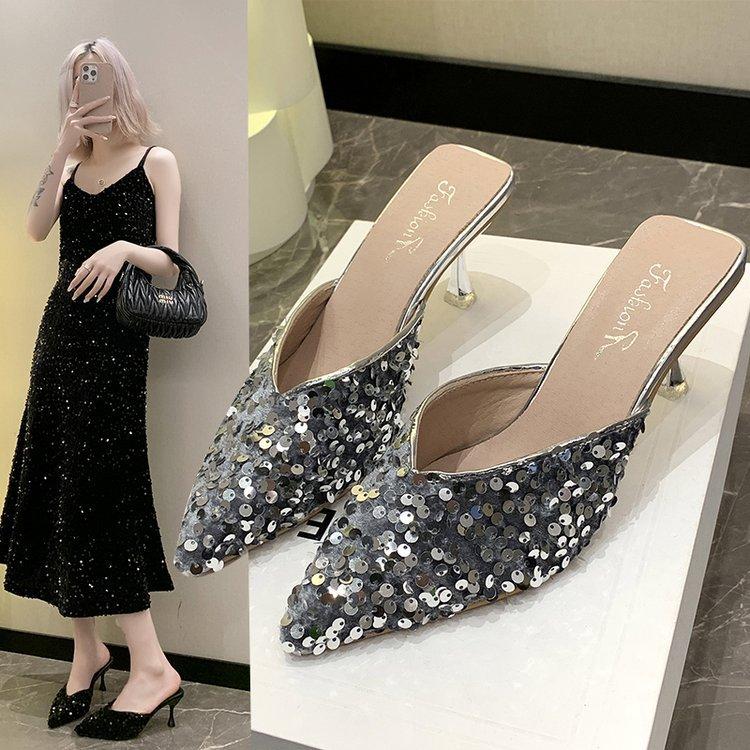 Sequin Fashion High Heels Women's Stiletto 2025 Spring and Summer New Bag Head Half Drag Women's Shoes Summer Wear Cool Slippers Women