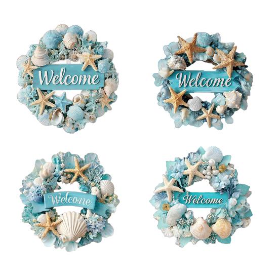 Cartello di Benvenuto Oceano Estate Spiaggia Ghirlanda Rotonda in Legno Stella Marina Conchiglia Costiera Appendiporta per Portico Decorazione Esterna