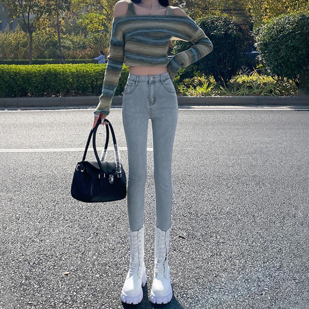 Simple High-waisted Elastic Small-footed Jeans for Women's Autumn and Winter 2025 New Thin and Slim Small Pencil Pants