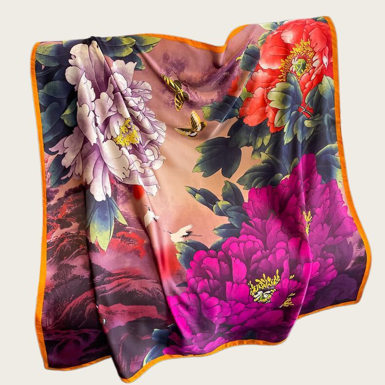 Hangzhou Silk Satin Brocade Scarf 110x110: Versatile Large Silk Feel Shawl for Air Conditioning