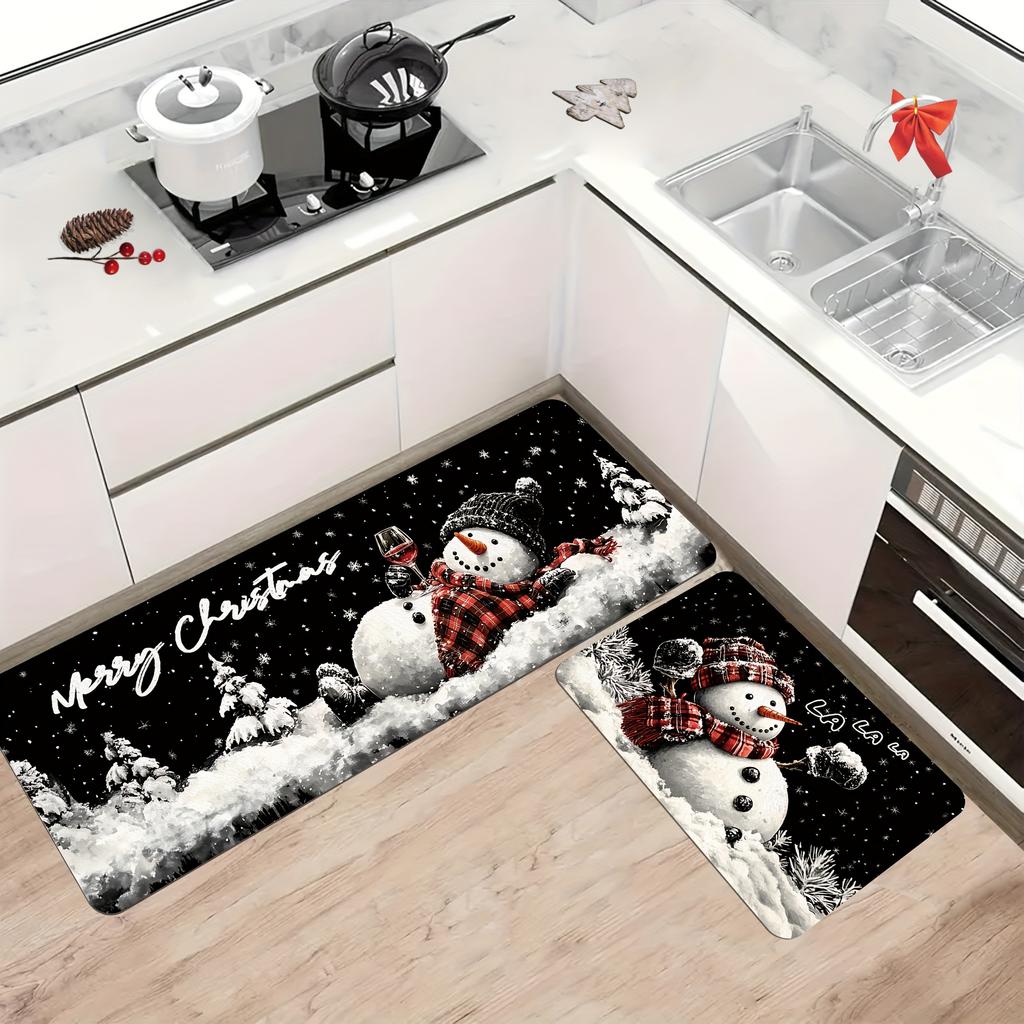 2 Stück Anti-Ermüdungs-Küchenteppiche Frohe Weihnachten Schneemann Wasserdicht Rutschfest Dick Gepolsterte Küchenmatte Hochbelastbare Komfort-Stehmatte für Küche