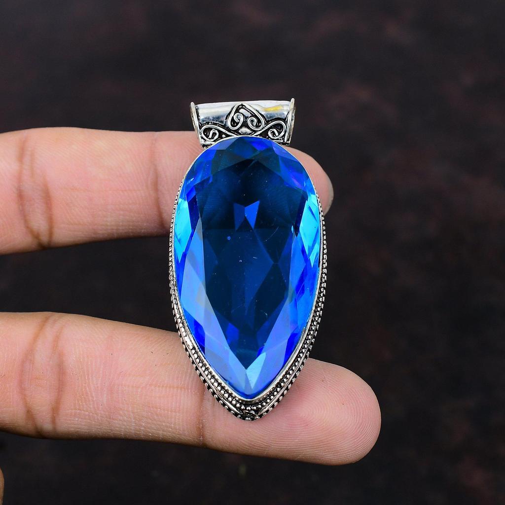 Faceted Swiss Blue Topaz Pendant Handmade Vintage Pendant Antique Jewelry 925 Sterling Silver Pendant Real Gemstone Pendant Engagement Gift