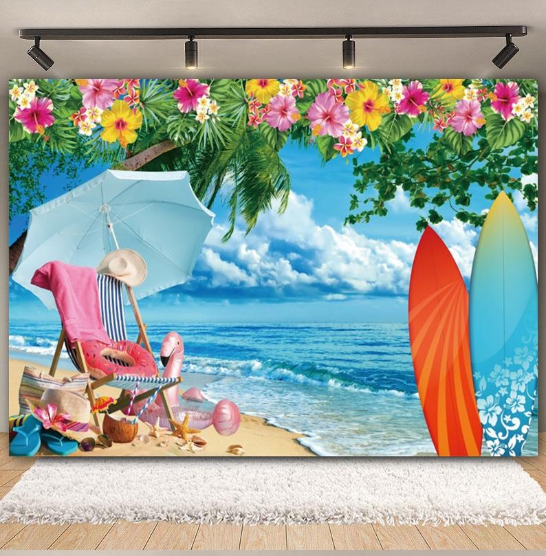 Summer Seaside Fruit Beach Palm Tree Theme Banner Background, Holiday Camping Party Decoration Photography Studio Backdrop Cloth