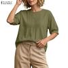 Women Casual Round Neck Solid Color 3/4 Sleeve Loose Blouse
