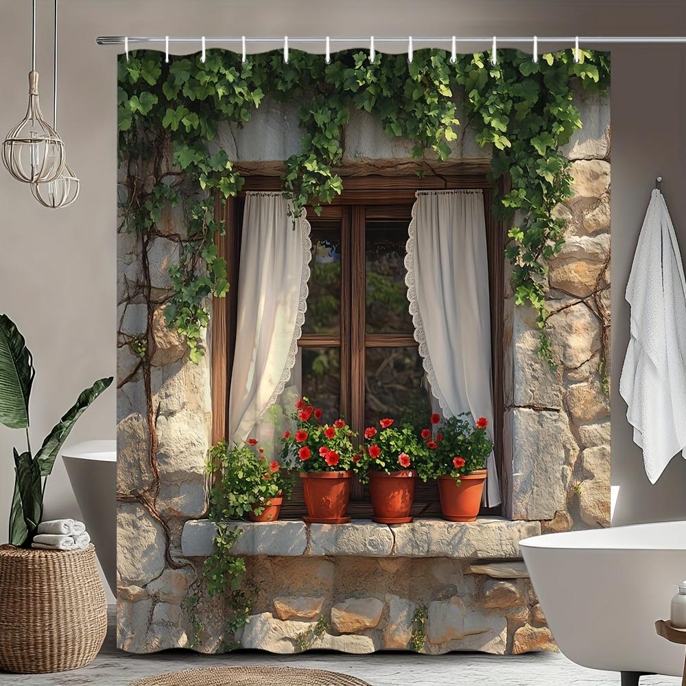 Holen Sie sich die Natur ins Haus mit diesem wasserdichten Duschvorhang mit einer rustikalen Fensterszene für ästhetischen Reiz