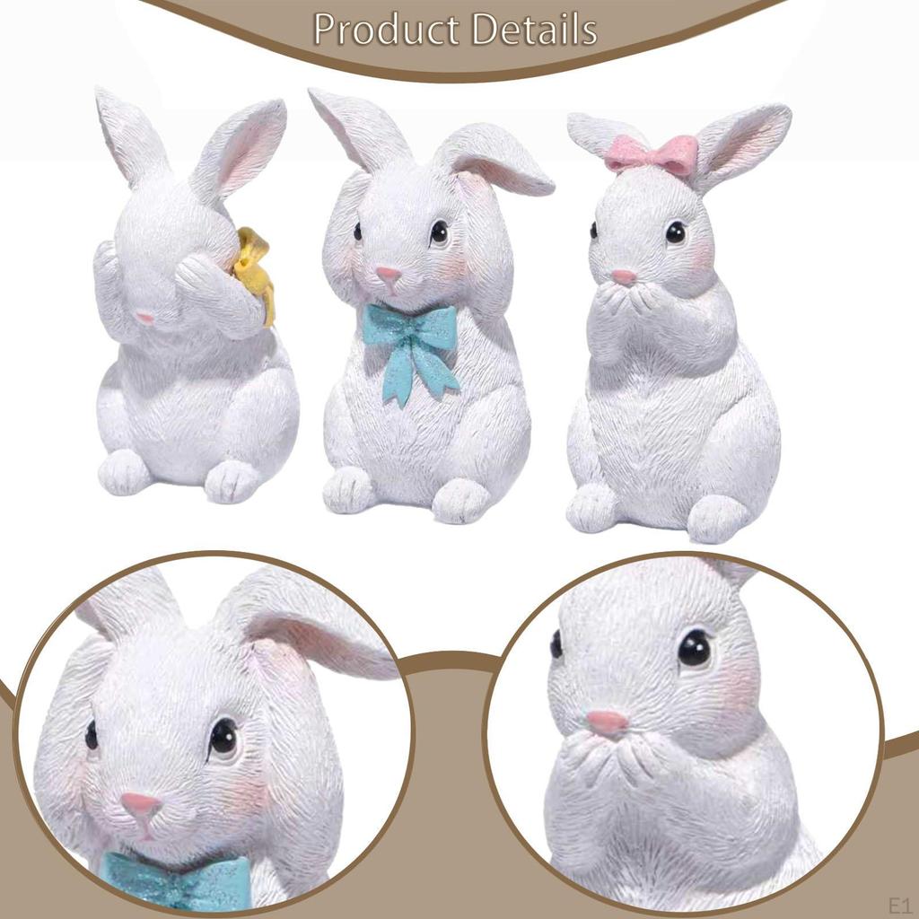 3x Easter Bunny Figurines Statues Art Desktop Ornament Decorations Animal Sculptures for Home