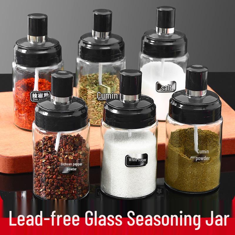 Integrated Glass Seasoning Jar Set with Spoon Lid - Salt Shaker, MSG, Soy Sauce, Vinegar Bottles for Kitchen