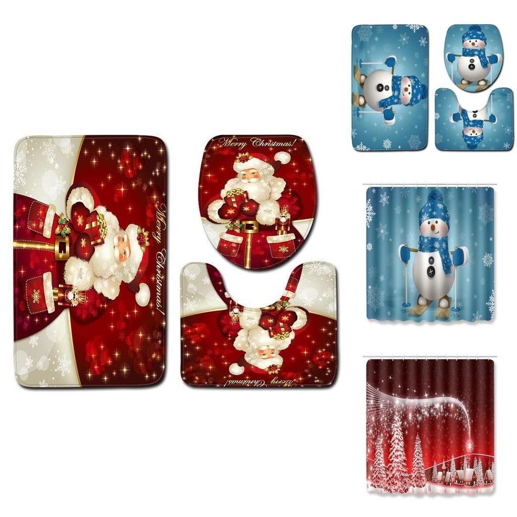 4pcs Christmas Shower Curtain And Toilet Cushion Set Cover Mat For Festive Bathroom Decor