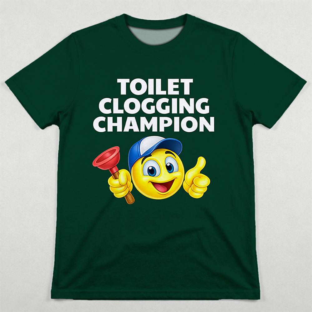 Funny Toilet Clogging Champion Emoji Tshirt Street Humor Casual ShortSleeve Top Mens And Womens Party Fun Crew Neck Tee