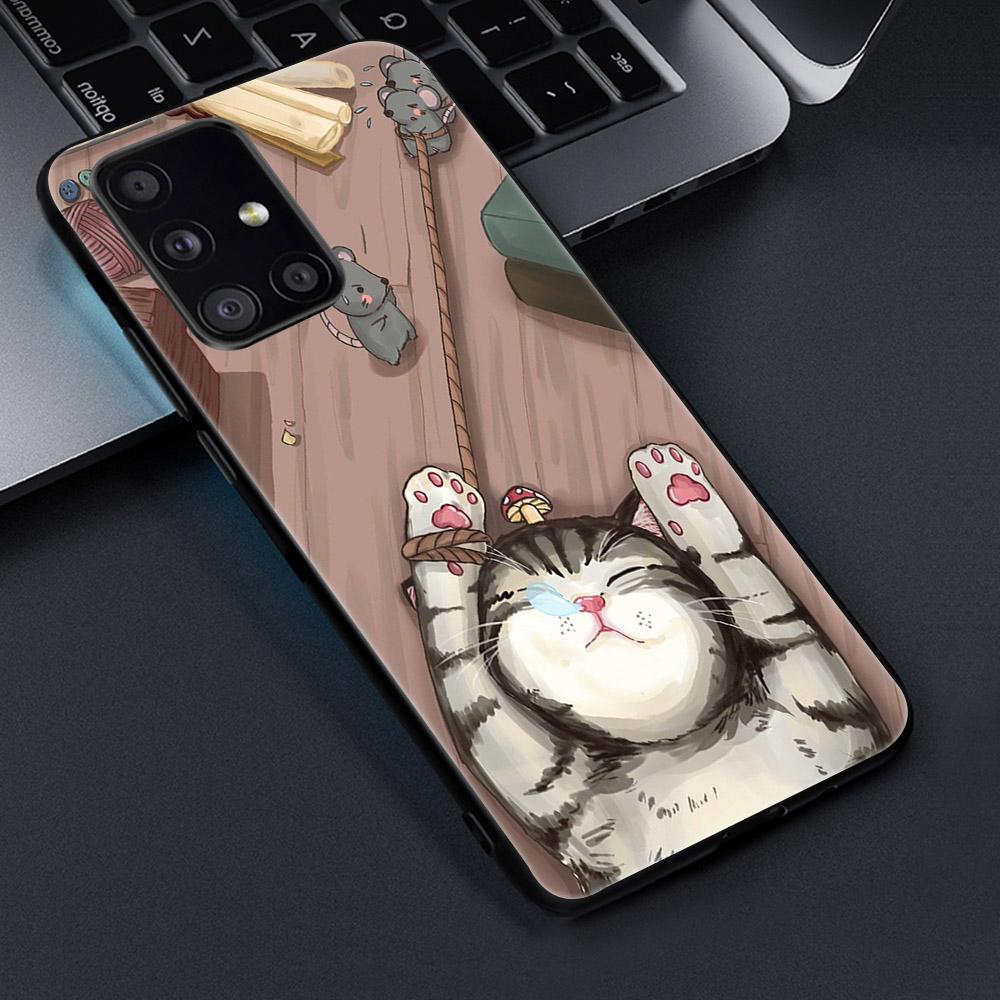 Cute Cat For Samsung Galaxy S21 A51 S20 A50 A71 A70 A20 A40 S10 S9 S8 Plus Ultra S10e NOTE 10 9 8 Plus Black Soft TPU Phone Case