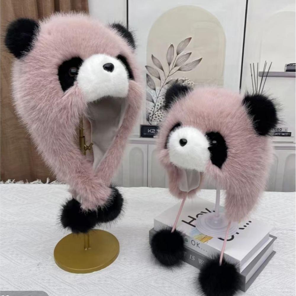 Parent-child Autumn and Winter Cute Plush Panda Hat Thick Warm Large Head Circumference Imitation Fox Fur Pullover Hat Earmuffs Hat