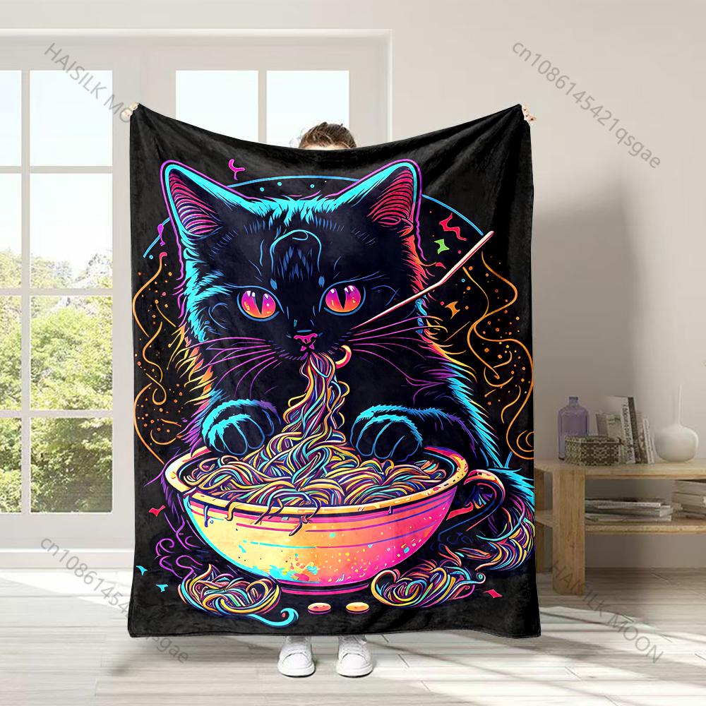 

1PC Cat eating colorful noodles Print Adult Children Warm Blankets Home Travel Car Soft Comfortable Suitable for all seasons 75x100cm