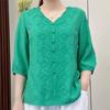 Summer Women's Retro Embroidered Cotton and Linen V-neck Mid-sleeved Women's Fashion Casual Large Size Loose Top
