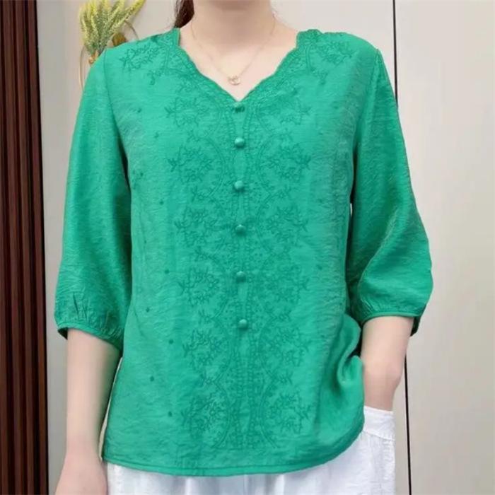 Summer Women's Retro Embroidered Cotton and Linen V-neck Mid-sleeved Women's Fashion Casual Large Size Loose Top