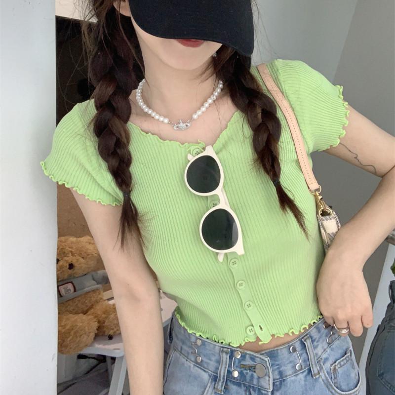 

Летняя сексуальная приливная облегающая трикотажная футболка с короткими рукавами женская короткая облегающая рубашка с высокой талией блузка с пупком повседневная базовая облегающая футболка One Size зелёный