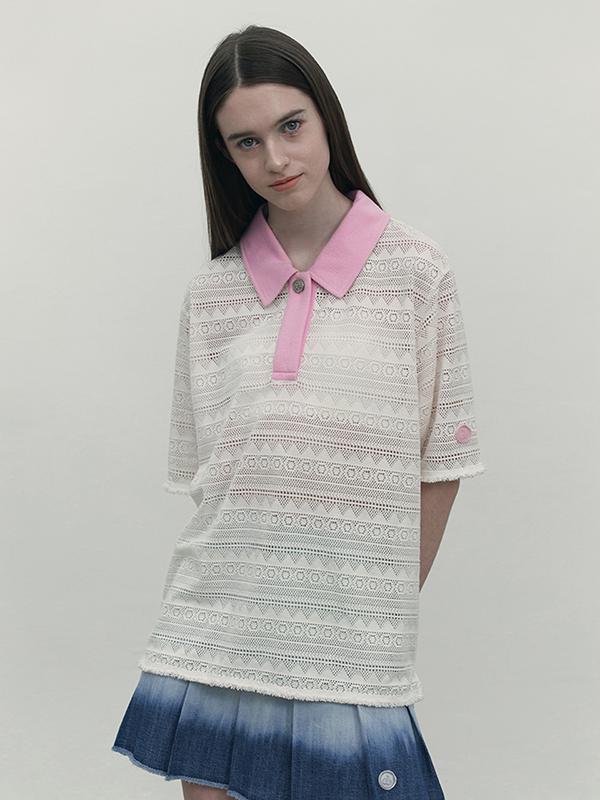 KIRSH Cut-Off Collar Point Lace Short Sleeve Knit [Ivory]