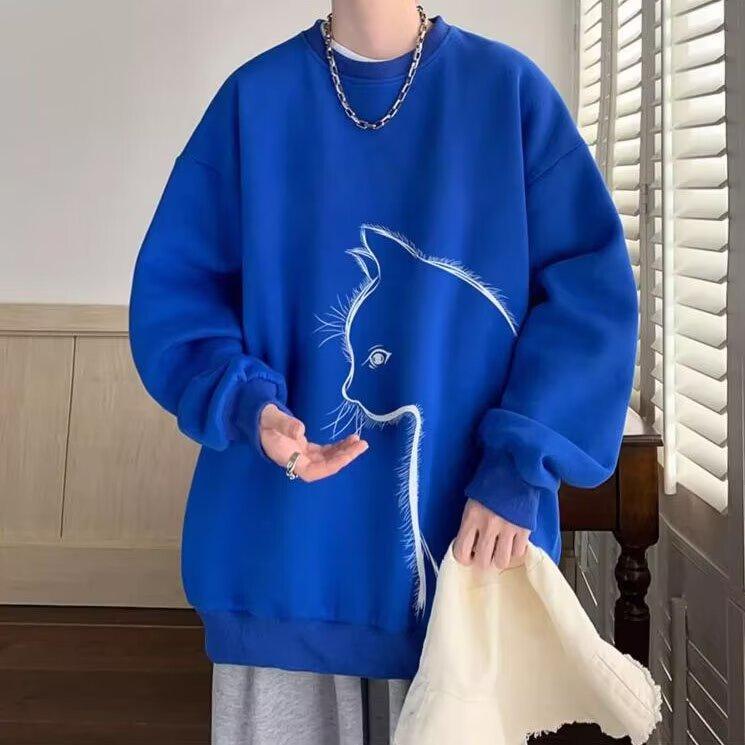 Men's Printed Hoodie Round Neck Hooded Sweatshirt Trendy Brand Casual Hoodies Loose Long Sleeved Pullover Base Shirt