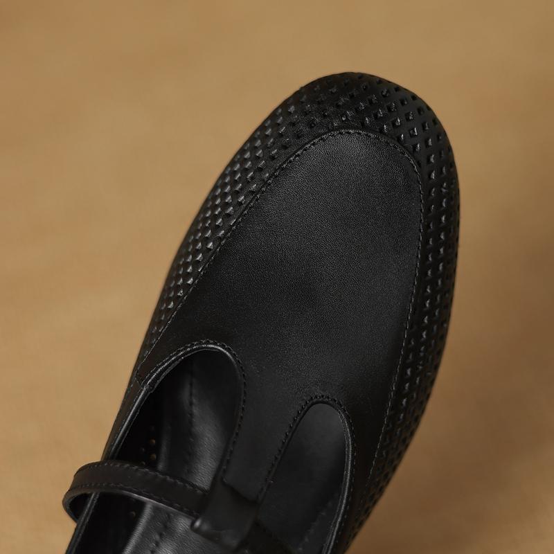 Fashion Women's New Summer Genuine Leather Cowhide Breathable Hole Round Head, Mid Heel, Plus Size Belt Buckle Headband, Mueller Slippes