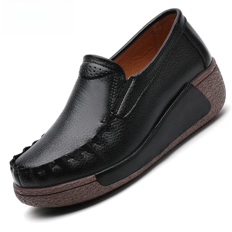 Retro Women Platform Shoes Leather Wedges Slip-on Loafers Anti-slip Walking Casual Footwear for Working Traveling