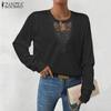 ZANZEA Women Casual Hollow Lace Splice Long Sleeve Thin Knitted Sweater