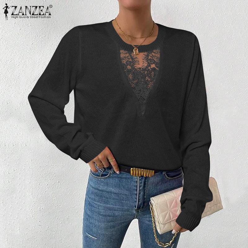 ZANZEA Women Casual Hollow Lace Splice Long Sleeve Thin Knitted Sweater