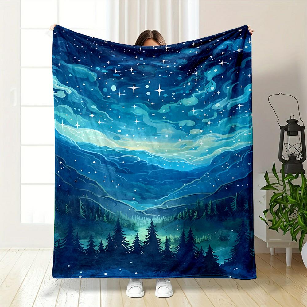 Starry Night Sky Over Forest Scene Patterned Flannel Blanket Perfect for the Bedroom Living Room, Sofa, or a Little Nap