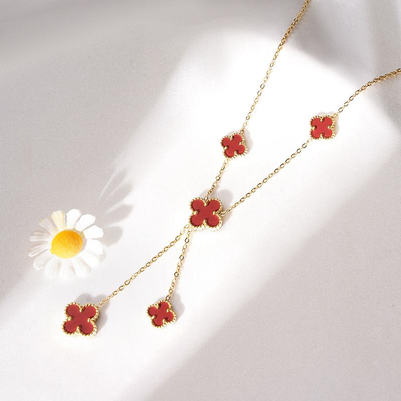 

Версія високого рівня, двостороннє намисто з п’ятьма листками конюшини, ювелірні вироби з титанової сталі 18K, водонепроникні та стійкі до поту, найкращий подарунок для дівчат червоний