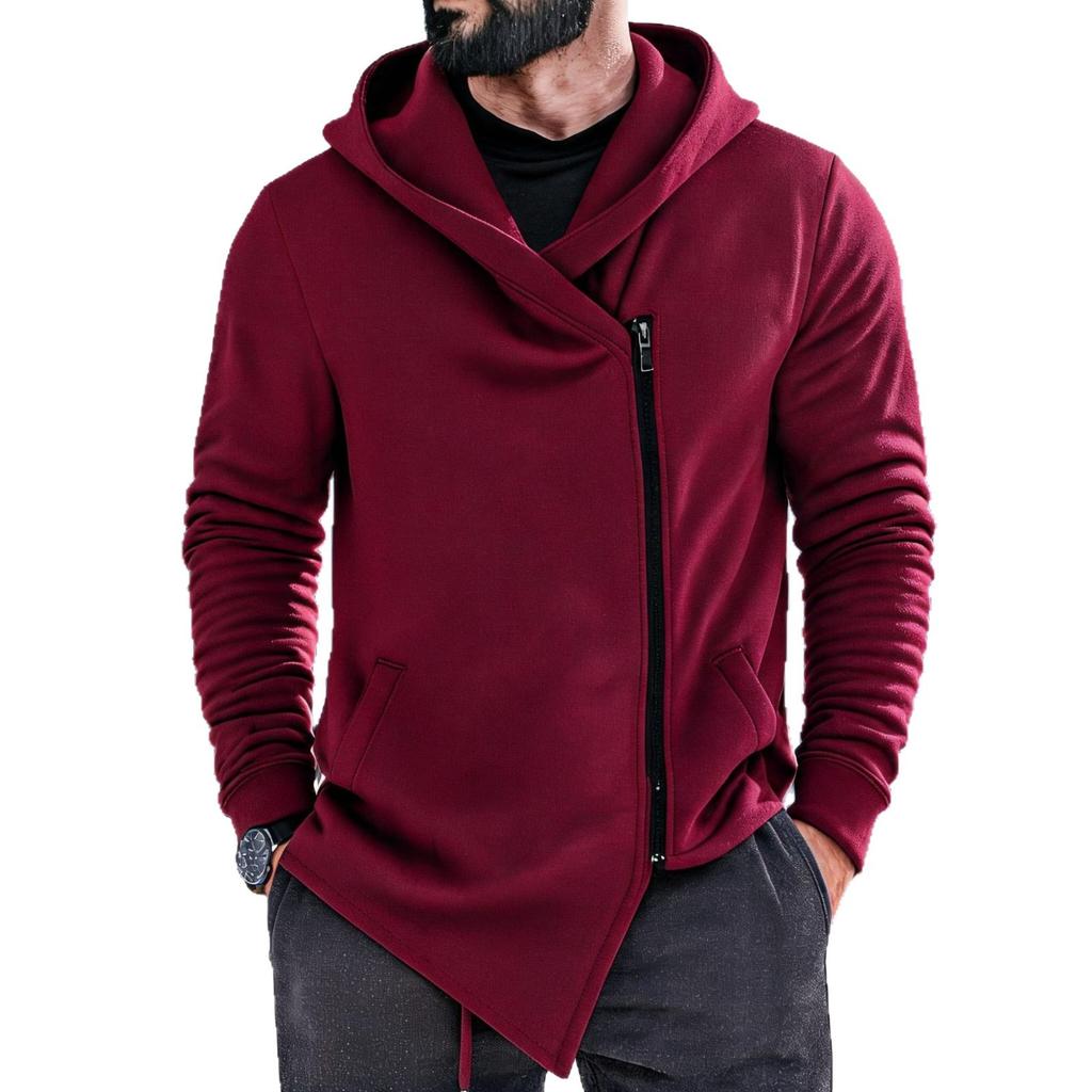 Men Fleece Hoodies Asymmetric Diagonal Zipper Sweatshirt Autumn Winter Casual Long Sleeve Hooded Jacket