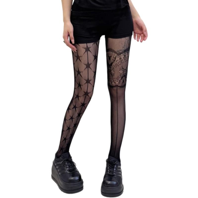 Women Japanese Aesthetic Hollowed Out Sheer Fishnet Pantyhose AB Asymmetrical Star Patterned Lace Mesh Tights Stockings 1