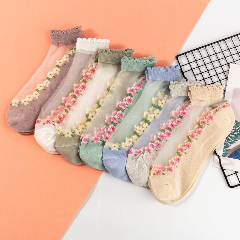 10 Pairs of Women's Thin Silk Stockings for Spring and Summer, Glass Lace Crystal Boat Socks, Cotton Socks, Breathable and Sweat-absorbent