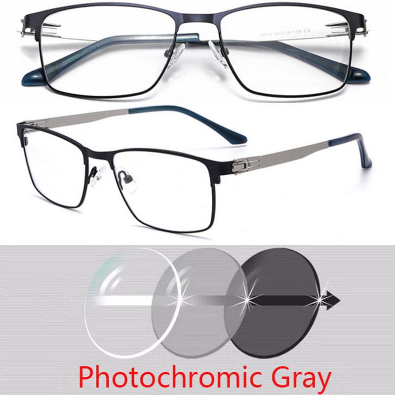 No Screws Design Sun Photochromic Gray Square Prescription Eyeglasses Full Metal Men Power Spectacles 0 -0.5 -0.75 -1.0 To -6.0