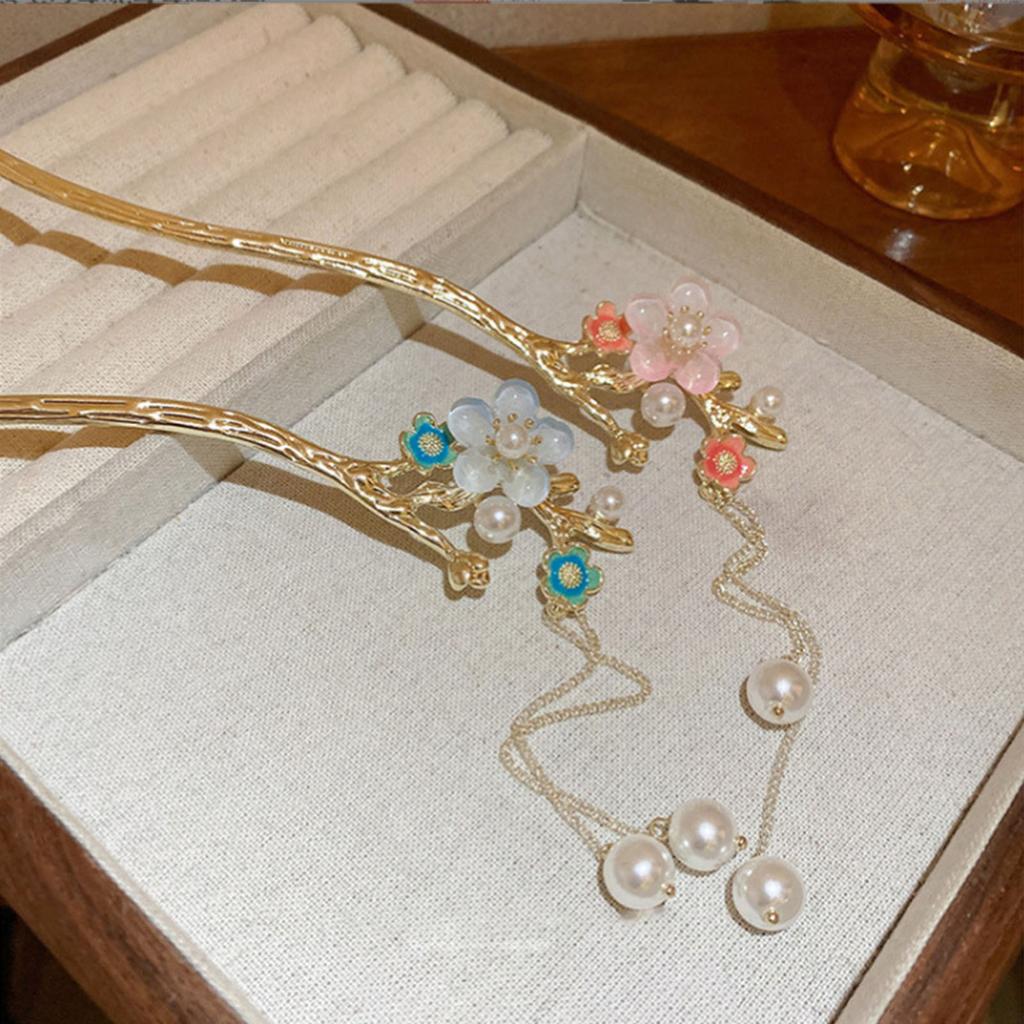 Pink/White/Blue Flower Hair Sticks Gold Color Alloy Hair Pin Ancient Chinese Floral Headpieces Pearls Pendant Hair Jewelry