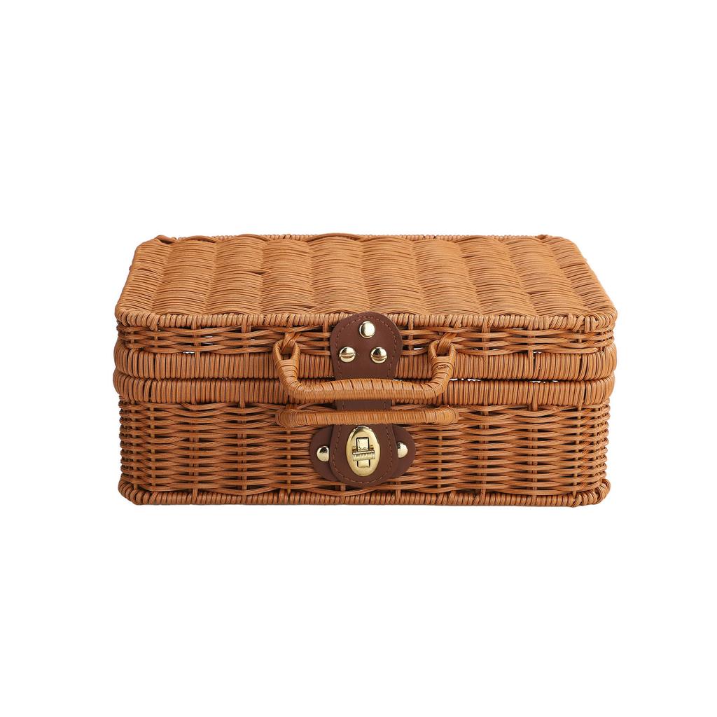 Mini Suitcase Box PE Rattan Hand Woven Rectangular Storage Basket with Handle for Travel Themed Party Wedding Decoration
