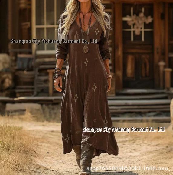 2026 Spring Retro V-neck Long-sleeved Plus Size Dress