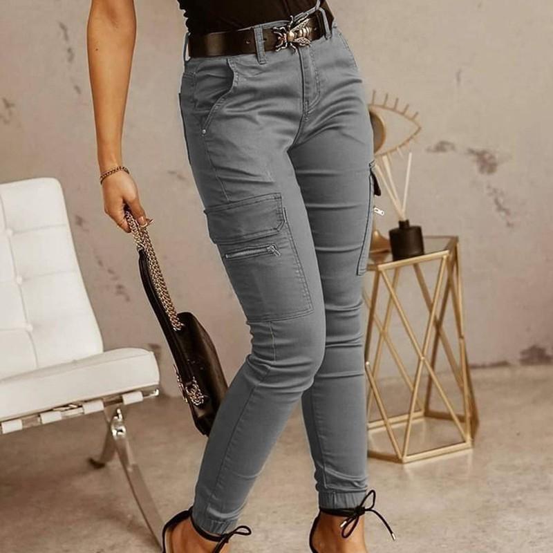 European and American Women's Pants Waist Button Solid Color Pocket Leg Overalls