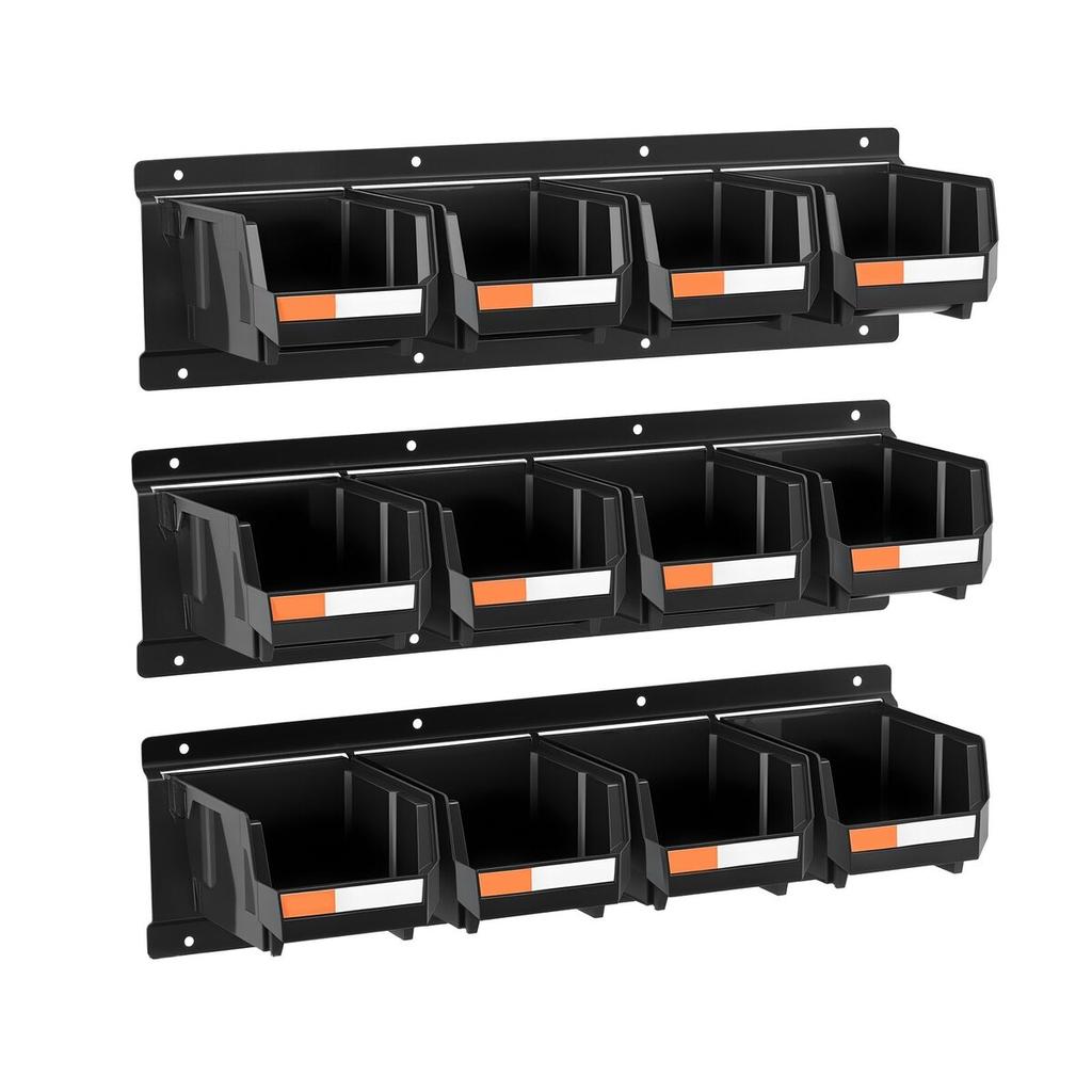Wall Mounted Storage Bins, 12 Plastic Bins & 3 Metal Rails, Plastic Hanging Stackable Storage Bin for Screws, Nuts, Bolts, Nails, Hardware Tool