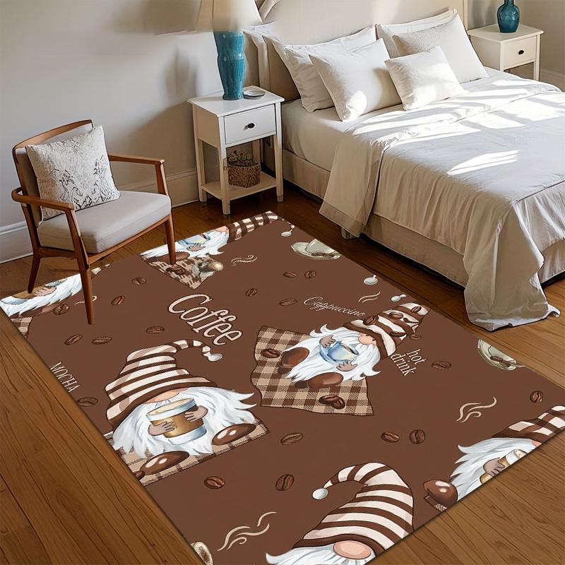 Cute Coffee Gnome and Bean Print Area Rug, Soft Non-Slip Floor Mat for Kitchen Living Room Rustic Farmhouse Home Decor