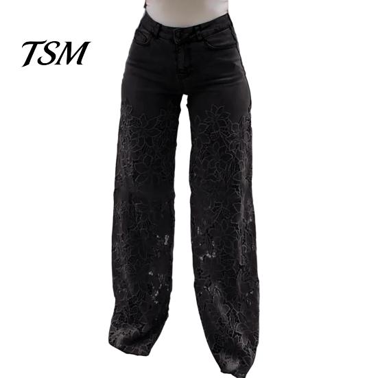 Jeans Versatili da Donna Patchwork di Pizzo da Donna Borsa Casual Ampia Gamba Dritta Larga Spandex per Pantaloni in Denim Vita Media Floreale Traforato Flessibile