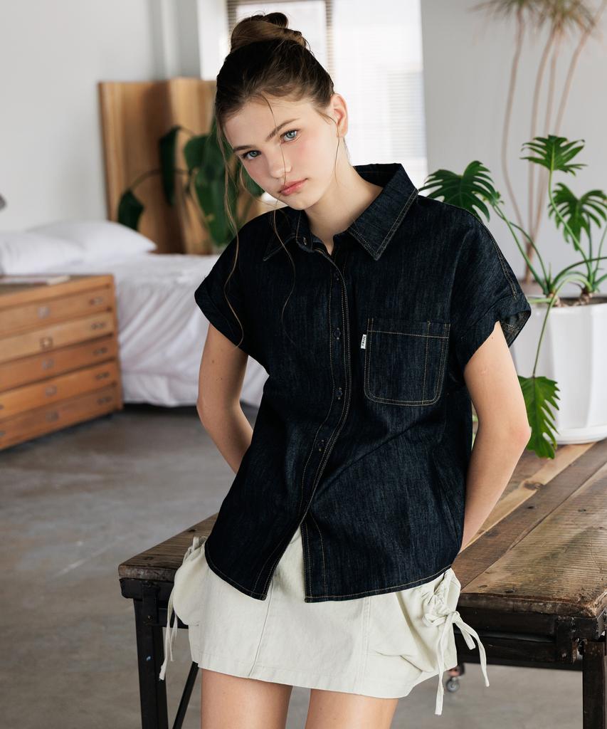 HYFVE Cotton Roll-Up Cap Sleeve Stitch Denim Shirt Blouse