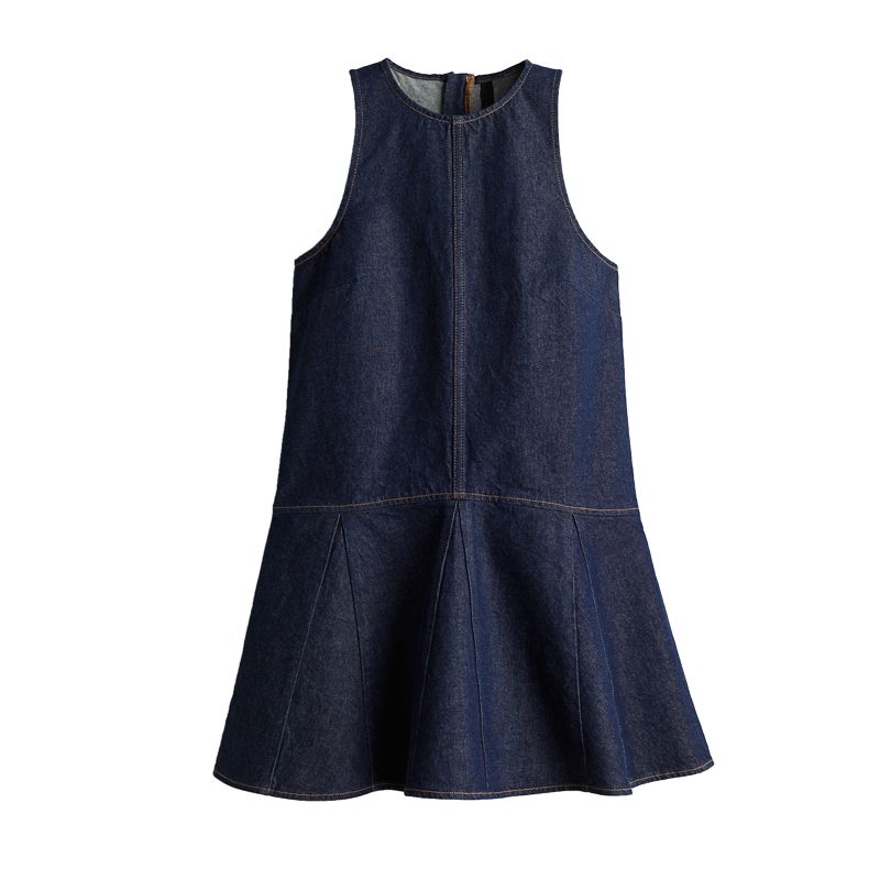 

Spring and Summer Women s Clothing Pleated Decorative Cotton Sleeveless round Neck A- line Flared Skirt Denim Dress 1268135 Dark denim blue L