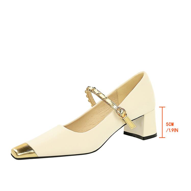 Fashion Retro Style Metal Mid Heel Splicingd Color Matching Single Shoe Temperament Mary Jane Pearl Chain Banquet Commuter Women Shoes